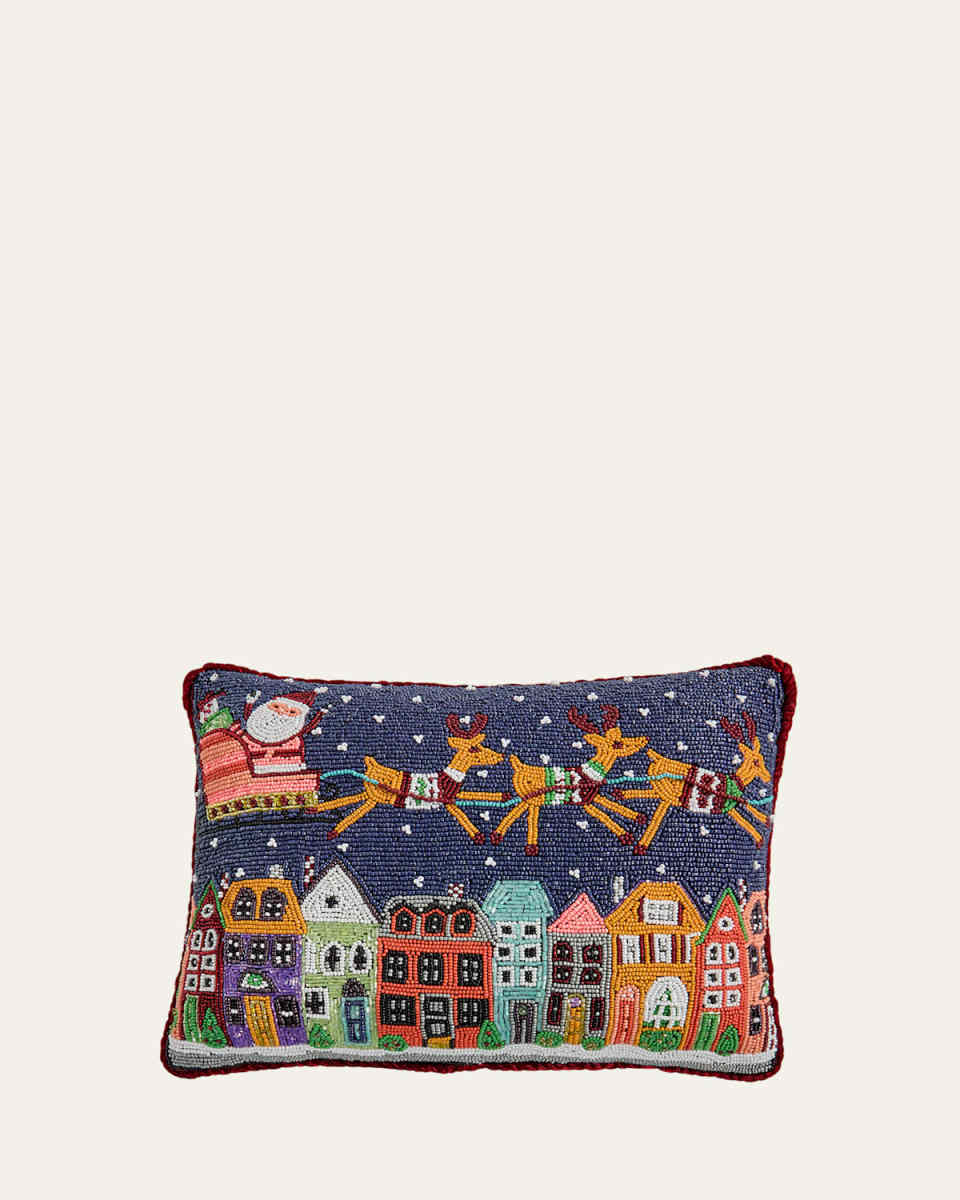 Santa in Sleigh Over Buildings Beaded Pillow